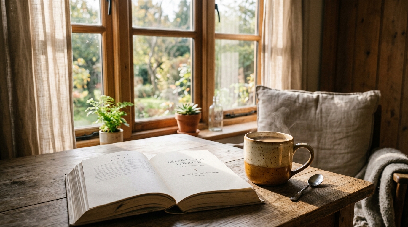 Café quente e livro aberto junto à janela sob o sol da manhã